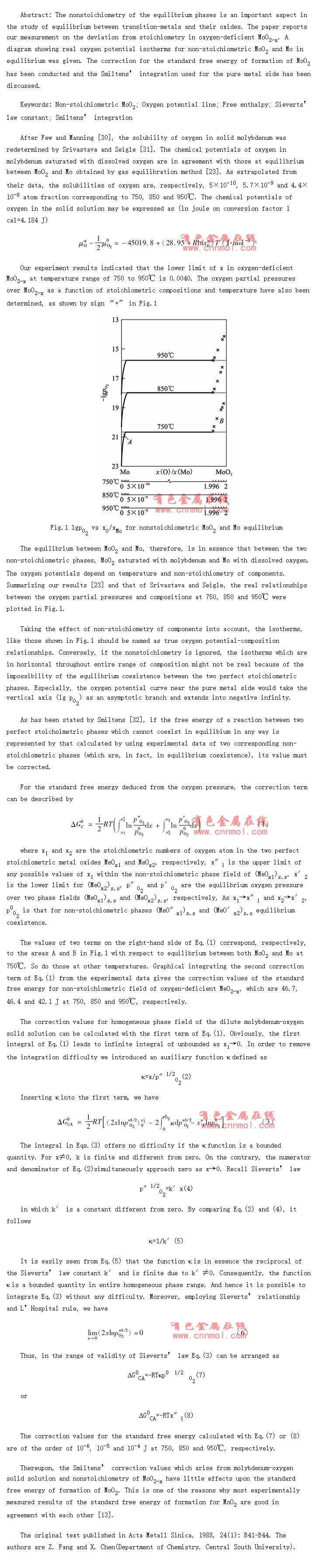 Equilibrium between Non-stoichiometric MoO2 and Mo with Application of Sieverts Law Constant to Smiltens Integration*