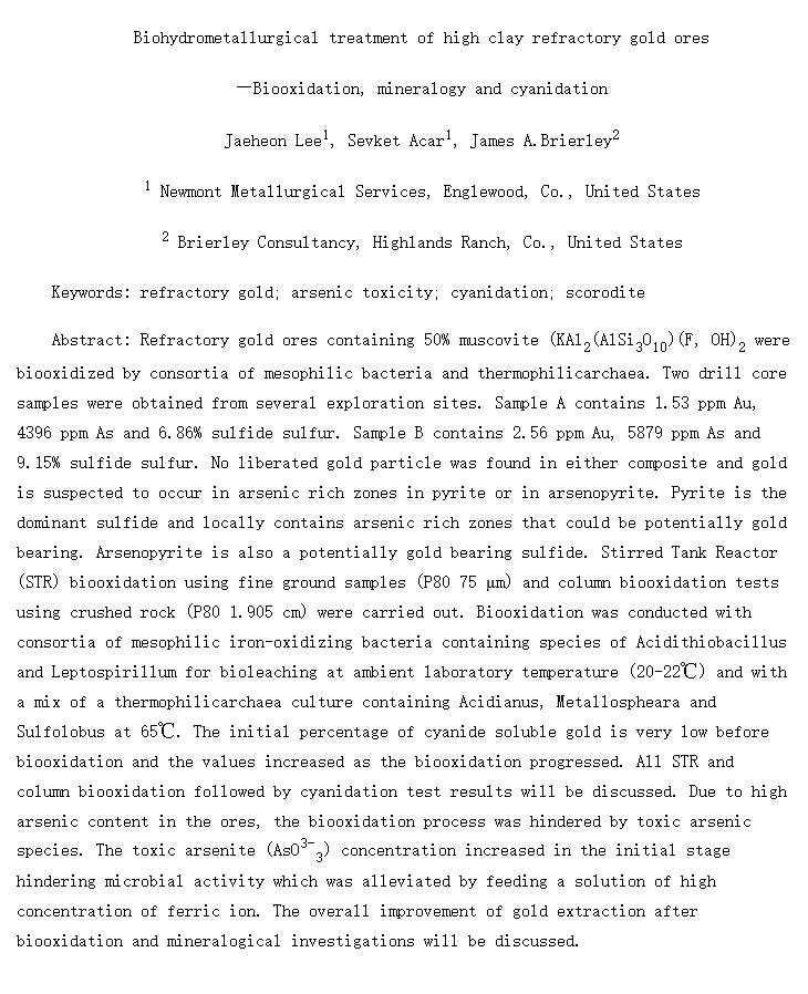 Biohydrometallurgical treatment of high clay refractory gold oresBiooxidation, mineralogy and cyanidation