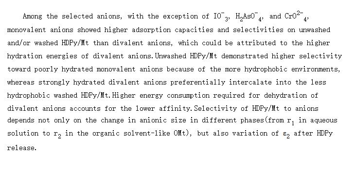 Conclusions of Selective Adsorption of Inorganic Anions on Unwashed and Washed Hexadecyl Pyridinium-Modified Montmorillonite